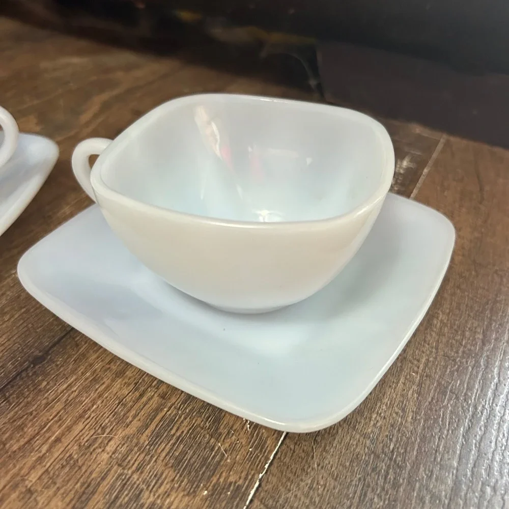 Vintage 4pc Fire King Charm Azurite Blue Milk Glass Cups Saucers Square Set
